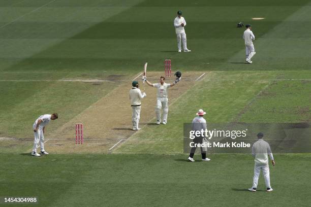 Steve Smith of Australia celebrates his century during day two of the Second Test match in the series between Australia and South Africa at Sydney...