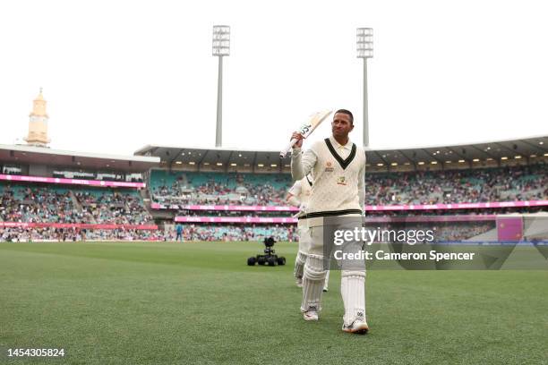 Usman Khawaja of Australia acknowledges the crowd as he leaves the field during day two of the Second Test match in the series between Australia and...