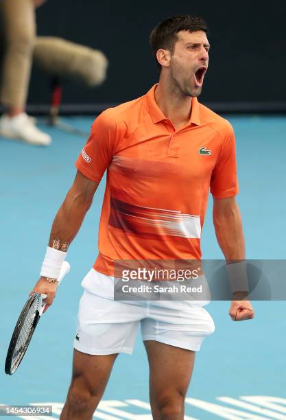 Novak Djokovic of Serbia competes against Quentin Halys of France during day five of the 2023 Adelaide International at Memorial Drive on January 05,...