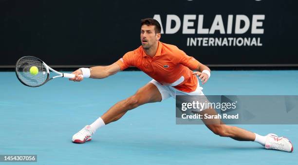 Novak Djokovic of Serbia competes against Quentin Halys of France during day five of the 2023 Adelaide International at Memorial Drive on January 05,...