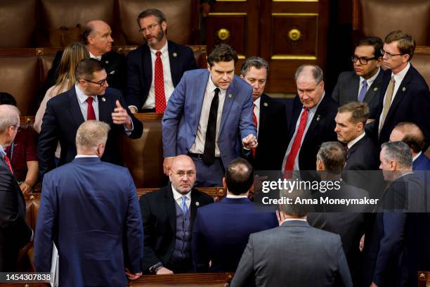 Rep.-elect Matt Gaetz talks to fellow members-elect during the second day of elections for Speaker of the House at the U.S. Capitol Building on...