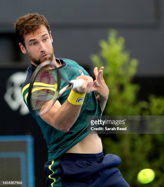 Quentin Halys of France competes against Novak Djokovic of Serbia during day five of the 2023 Adelaide International at Memorial Drive on January 05,...