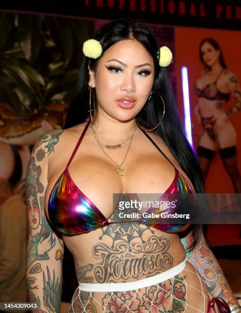 Adult film actress Connie Perignon poses at the Jules Jordan Video booth during the 2023 AVN Adult Expo at Resorts World Las Vegas on January 04,...