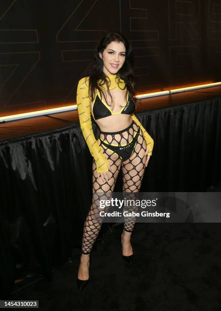 Adult film actress Valentina Nappi poses at the Brazzers booth during the 2023 AVN Adult Expo at Resorts World Las Vegas on January 04, 2023 in Las...