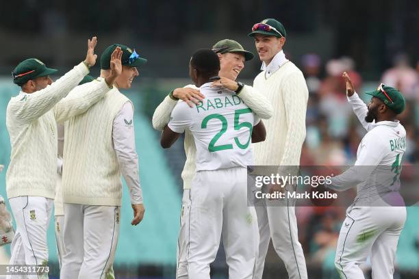 Kagiso Rabada of South Africa celebrates the wicket of Travis Head of Australia during day two of the Second Test match in the series between...