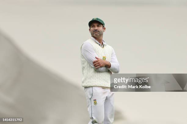 Dean Elgar of South Africa looks on during day two of the Second Test match in the series between Australia and South Africa at Sydney Cricket Ground...