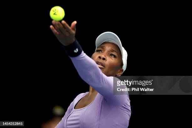 Venus Williams of the USA serves during her singles match against Lin Zhu of China on day four of the 2023 ASB Classic Women's at the ASB Tennis...