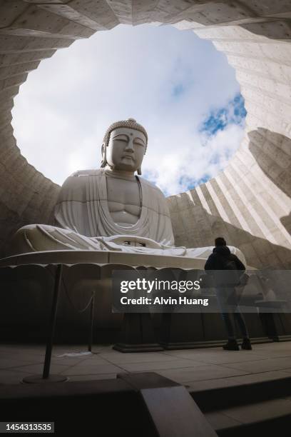 a man looks up at a giant stone statue of buddha in sapporo, hokkaido, japan. ( hill of the buddha ) . - tadao ando stock pictures, royalty-free photos & images