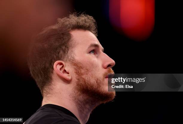 Jakob Poeltl of the San Antonio Spurs looks on before the game against the New York Knicks at Madison Square Garden on January 04, 2023 in New York...
