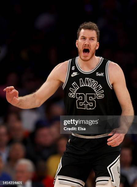 Jakob Poeltl of the San Antonio Spurs reacts during the first half against the New York Knicks at Madison Square Garden on January 04, 2023 in New...