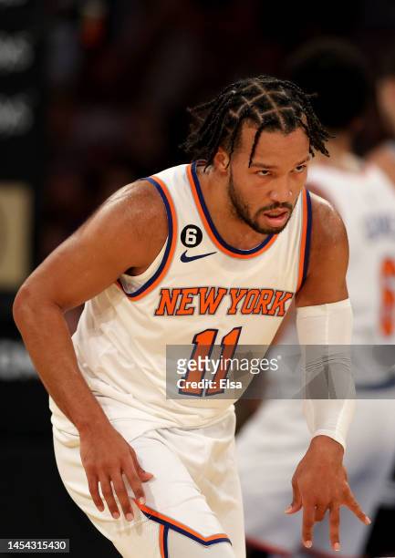 Jalen Brunson of the New York Knicks celebrates his three point shot during the first half against the San Antonio Spurs at Madison Square Garden on...