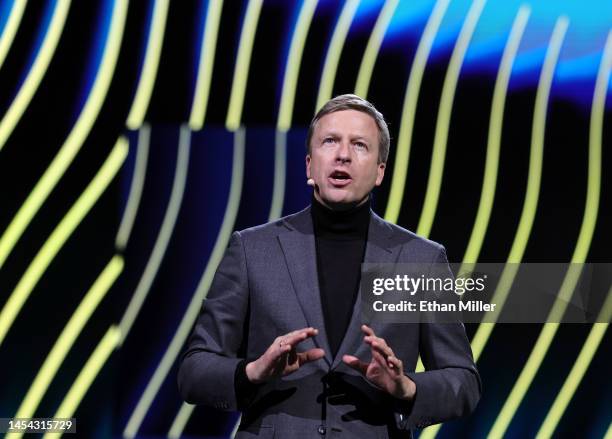 Chairman of the Board of Management of BMW AG Oliver Zipse delivers a keynote address at CES 2023 at The Pearl concert theater at Palms Casino Resort...