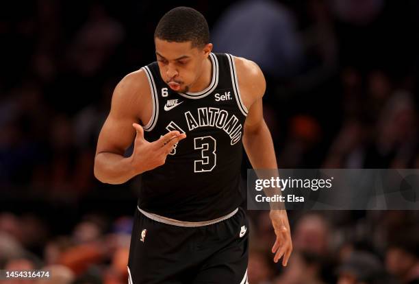 Keldon Johnson of the San Antonio Spurs celebrates his three point shot during the second half at Madison Square Garden on January 04, 2023 in New...