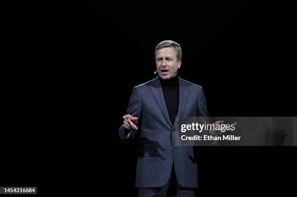 Chairman of the Board of Management of BMW AG Oliver Zipse delivers a keynote address at CES 2023 at The Pearl concert theater at Palms Casino Resort...