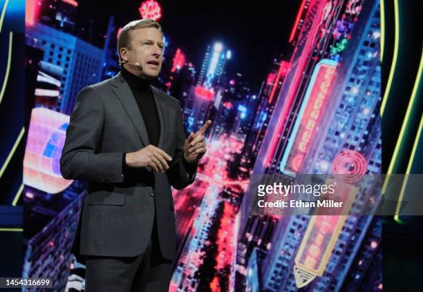 Chairman of the Board of Management of BMW AG Oliver Zipse delivers a keynote address at CES 2023 at The Pearl concert theater at Palms Casino Resort...
