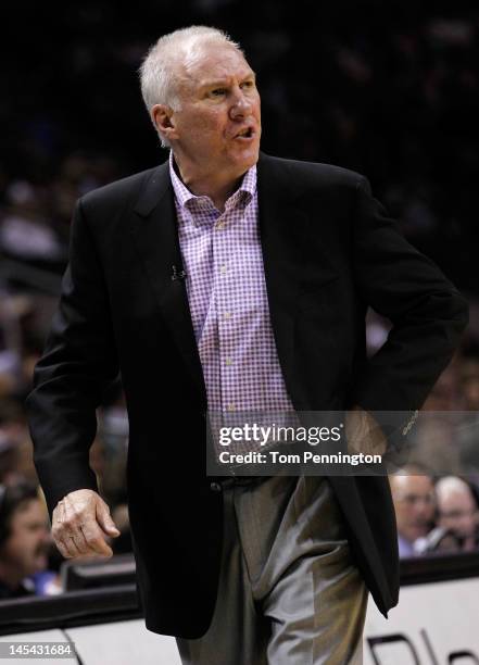 Head coach Gregg Popovich of the San Antonio Spurs reacts in the third quarter while taking on the Oklahoma City Thunder in Game Two of the Western...