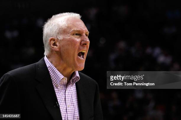 Head coach Gregg Popovich of the San Antonio Spurs reacts in the third quarter while taking on the Oklahoma City Thunder in Game Two of the Western...