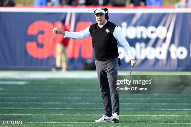 Head coach Gus Malzahn of the UCF Knights watches the game against the Duke Blue Devils in the Military Bowl Presented by Peraton at Navy-Marine...