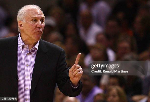 Head coach Gregg Popovich of the San Antonio Spurs reacts in the third quarter while taking on the Oklahoma City Thunder in Game Two of the Western...