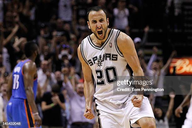 Manu Ginobili of the San Antonio Spurs reacts after making a three-pointer in the fourth quarter against the Oklahoma City Thunder in Game Two of the...