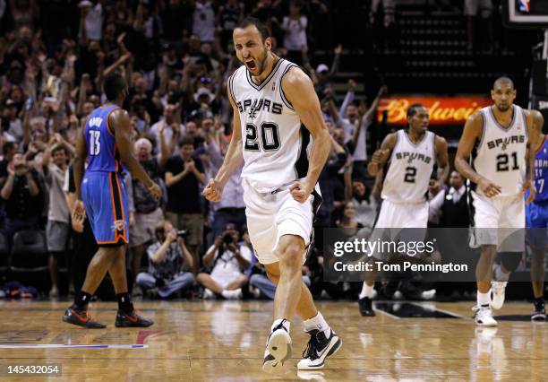 Manu Ginobili of the San Antonio Spurs reacts after making a three-pointer in the fourth quarter against the Oklahoma City Thunder in Game Two of the...