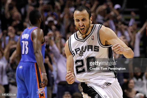 Manu Ginobili of the San Antonio Spurs reacts after making a three-pointer in the fourth quarter against the Oklahoma City Thunder in Game Two of the...