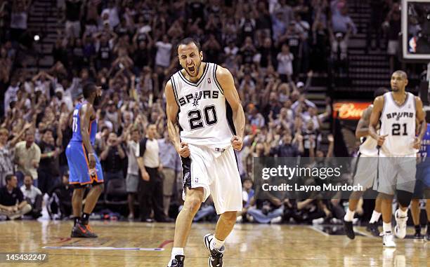 Manu Ginobili of the San Antonio Spurs reacts in Game Two of the Western Conference Finals between the Oklahoma City Thunder and the San Antonio...