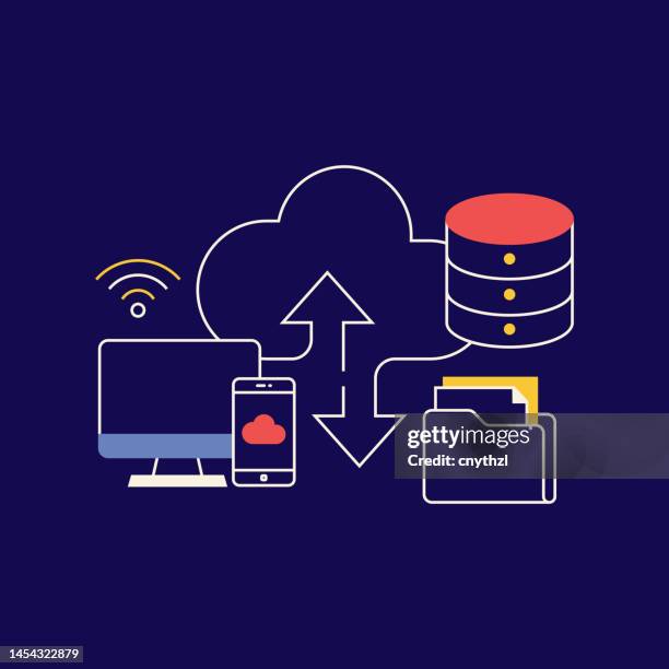 cloud backup services related conceptual vector illustration. data, cloud technology, files, sync. - backup stock illustrations