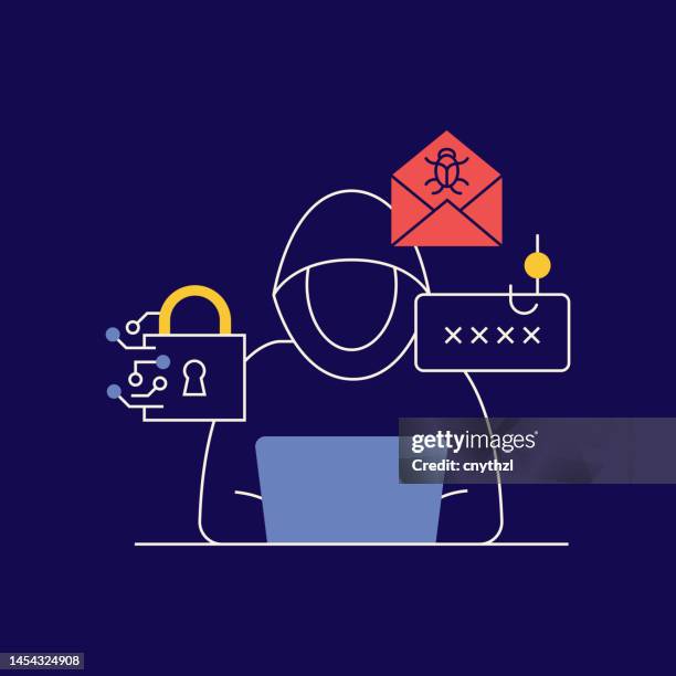 hackerbezogene vektorkonzeptionelle illustration. cyberkriminalität, diebstahl, phishing, online-datenschutz. - computer crime stock-grafiken, -clipart, -cartoons und -symbole