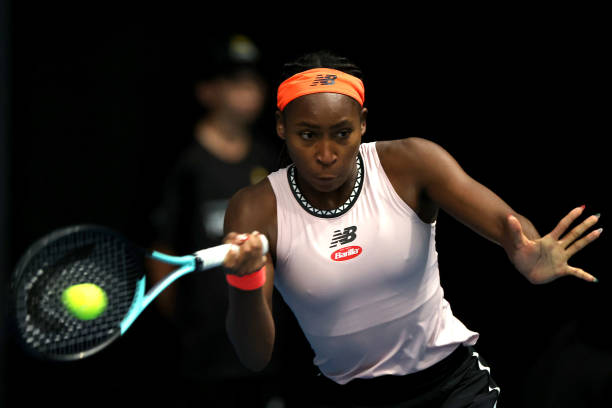Coco Gauff of the USA plays a forehand against Sofia Kenin of the USA in their singles match during day four of the 2023 ASB Classic Women's at the...