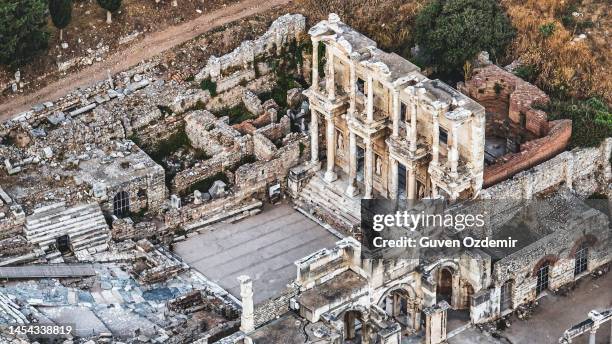aerial view of the ancient city of ephesus,  the ancient city of rome, turkey's most popular tourist destination, aerial view of celcius library from ephesus ancient city, old ruins in ephesus ancient city,ruins of the ancient greek city in selcuk, unesco - celcius stock pictures, royalty-free photos & images