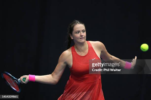 Viktoria Kuzmova of Slovakia plays a forehand in her singles match against Emma Raducanu of Great Britain during day four of the 2023 ASB Classic...