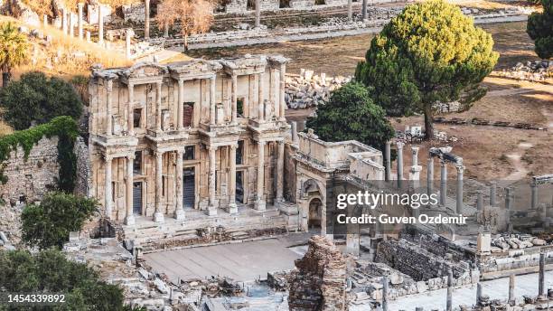 aerial view of the ancient city of ephesus,  the ancient city of rome, turkey's most popular tourist destination, aerial view of celcius library from ephesus ancient city, old ruins in ephesus ancient city,ruins of the ancient greek city in selcuk, unesco - celcius stock pictures, royalty-free photos & images