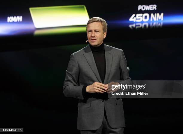 Chairman of the Board of Management of BMW AG Oliver Zipse delivers a keynote address at CES 2023 at The Pearl concert theater at Palms Casino Resort...