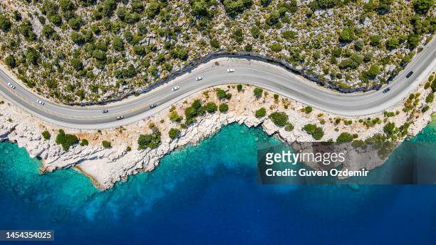 aerial view of beach side road, aerial view of cliff side road, aerial view of sloping and curvy road, background for vacation travel, most beautiful roads, beautiful road with scenery, finike,demre - antalya stock pictures, royalty-free photos & images