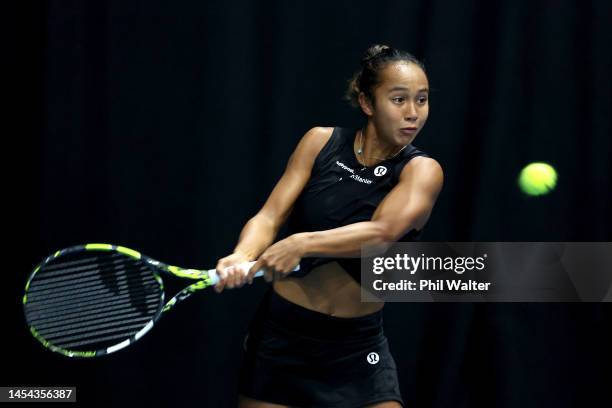 Leylah Fernandez of Canada plays a backhan during her singles match against Julia Grabher of Austria during day four of the 2023 ASB Classic Women's...