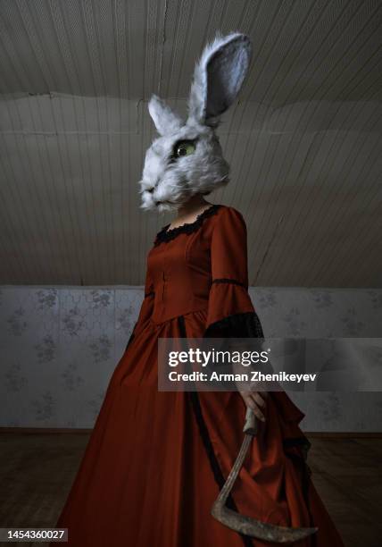 woman wearing bunny head mask and vintage victorian styled dress in a dark room holds sharp sickle. 2023 is a rabbit zodiac sign. nicely fits for book cover - tierkostüm stock-fotos und bilder