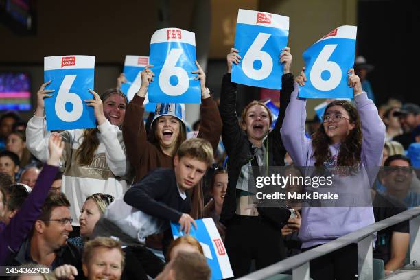 Strikers fans celebrate a six during the Men's Big Bash League match between the Adelaide Strikers and the Hobart Hurricanes at Adelaide Oval, on...