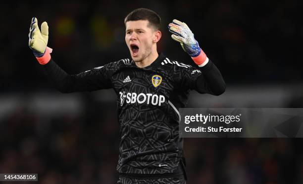 Leeds goalkeeper illan Meslier celebrates the opening goal during the Premier League match between Leeds United and West Ham United at Elland Road on...