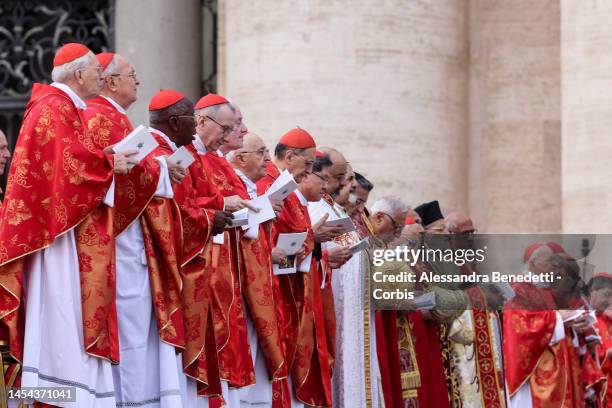 Cardinals attend the solemn funeral service of the late Pope Emeritus Pope Benedict XVI led by Pope Francis in St Peter's Square, on January 05, 2023...