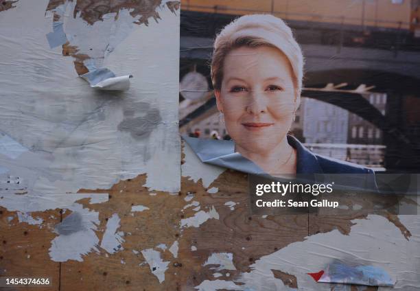 Vandalized election campaign poster shows Berlin Governing Mayor and Social Democrat Franziska Giffey on January 05, 2023 in Berlin, Germany. Berlin,...