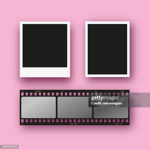 photo frame and film strip. pink background. polaroid style photo frame - photographic slide stock illustrations