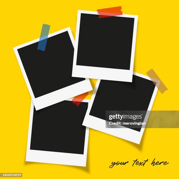 ilustraciones, imágenes clip art, dibujos animados e iconos de stock de colección de marcos de fotos con lugar en blanco con cinta adhesiva - photograph