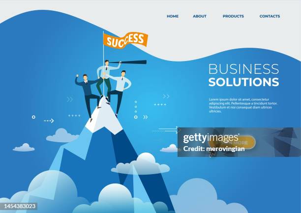 ilustraciones, imágenes clip art, dibujos animados e iconos de stock de soluciones de negocio, marketing, éxito trabajo en equipo. plantilla de página web - mountain peak