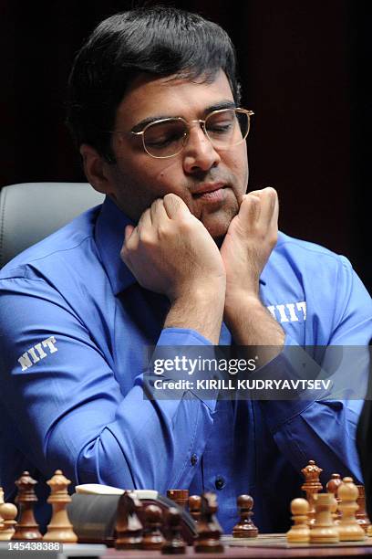 India's Vishwanathan Anand plays during a tie-break of FIDE World chess championship match against Israel's Boris Gelfand in State Tretyakovsky...