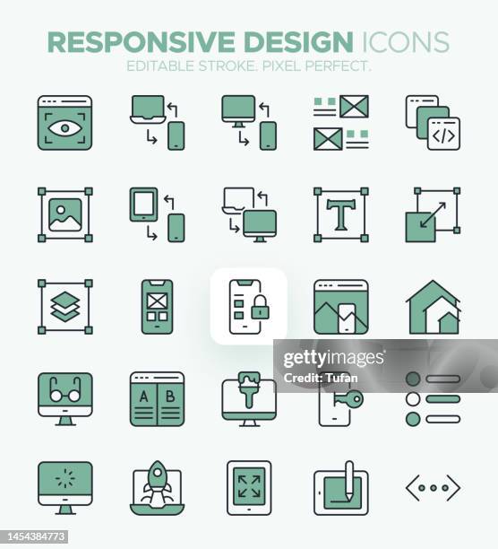 responsive design icons - mobile devices, flexibility, adaptability and user experience symbols - desk flat lay stock illustrations