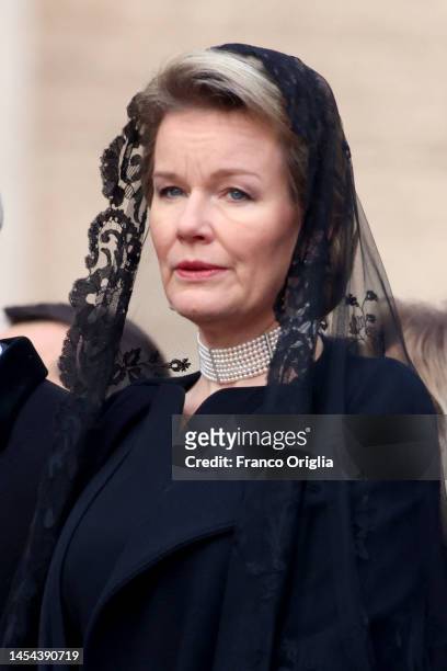 Queen Mathilde of Belgium attends the solemn funeral service of Pope Emeritus Benedict XVI led by Pope Francis in St Peter's Square, on January 05,...