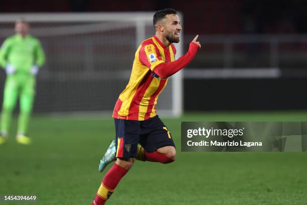 Federico Di Francesco of Lecce celebrates during the Serie A match between US Lecce and SS Lazio at Stadio Via del Mare on January 04, 2023 in Lecce,...