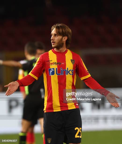 Antonino Gallo of Lecce gestures during the Serie A match between US Lecce and SS Lazio at Stadio Via del Mare on January 04, 2023 in Lecce, Italy.