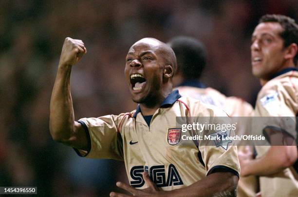 May 2002, Manchester - FA Barclaycard Premiership - Manchester United v Arsenal - Sylvain Wiltord of Arsenal celebrates after scoring the winning...